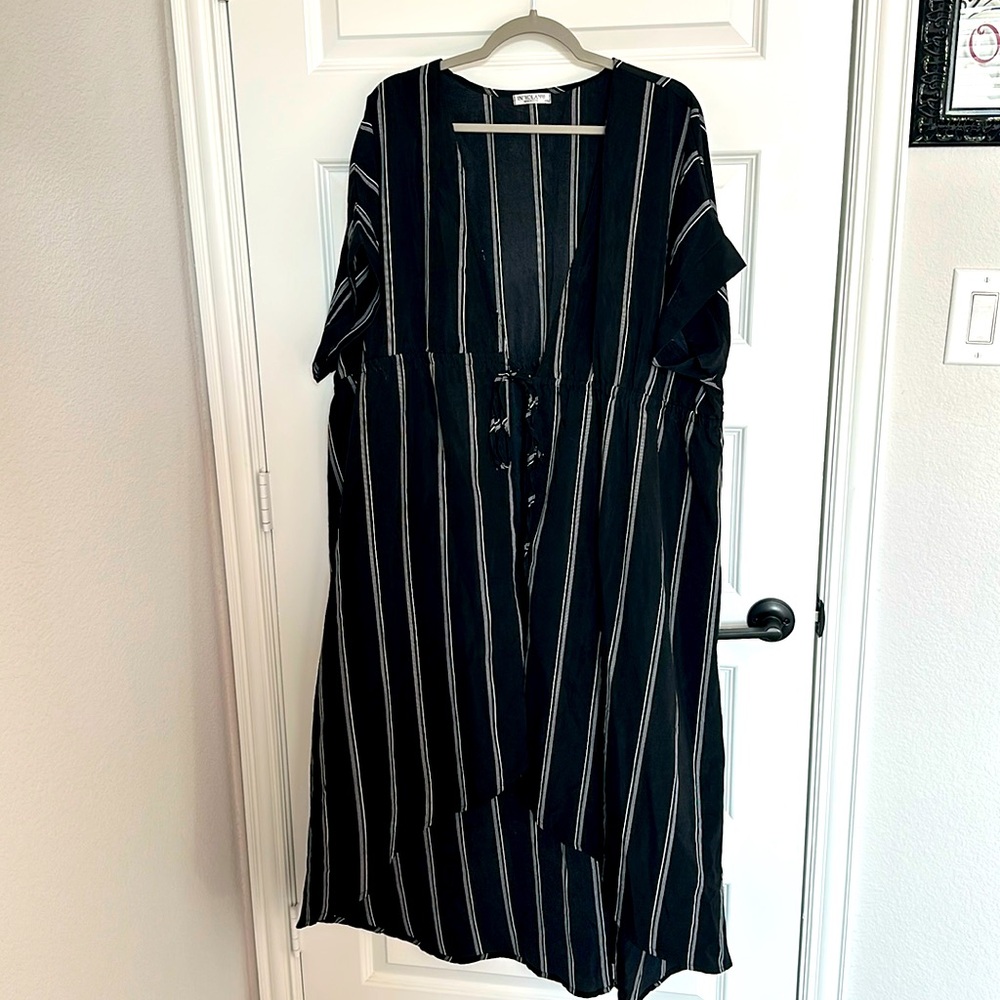 Amazon brand In Voland, black and white striped bathing suit coverup.